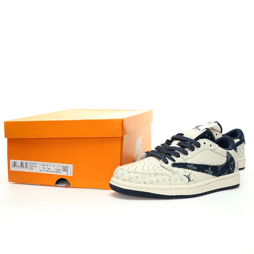 Louis Vuitton X Travis Scott X Nike Air Jordan 1 Low OG SP Beigenavylv Monogram AJ1 Shoes